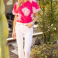 Floral Embroidered Bubble Sleeve  Top
