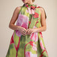 Mini Dress Ruffle Neck Tie Sleeveless Floral Print-Lime