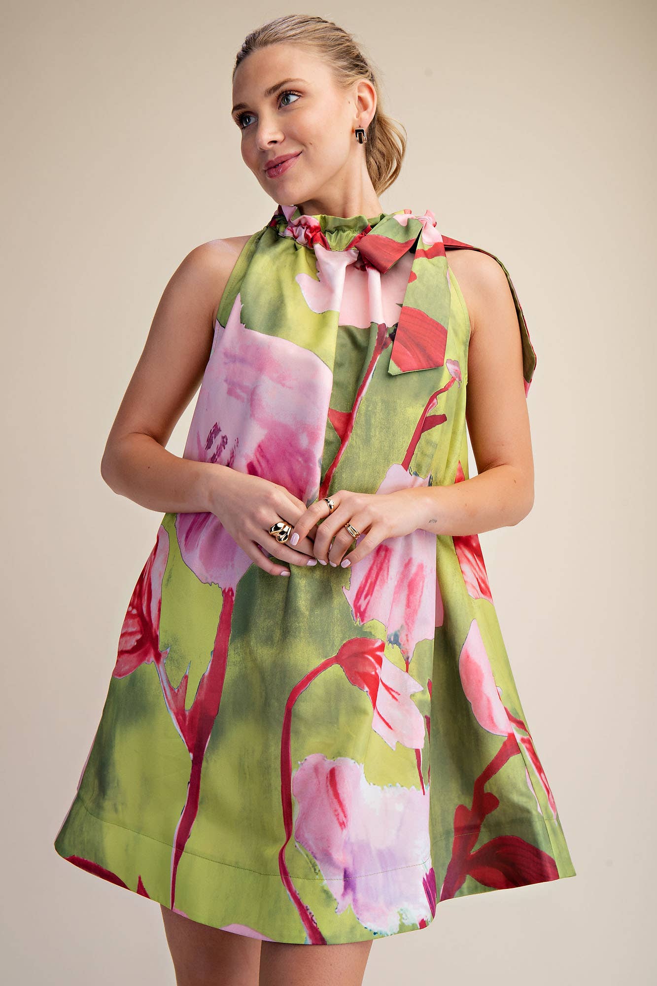 Mini Dress Ruffle Neck Tie Sleeveless Floral Print-Lime