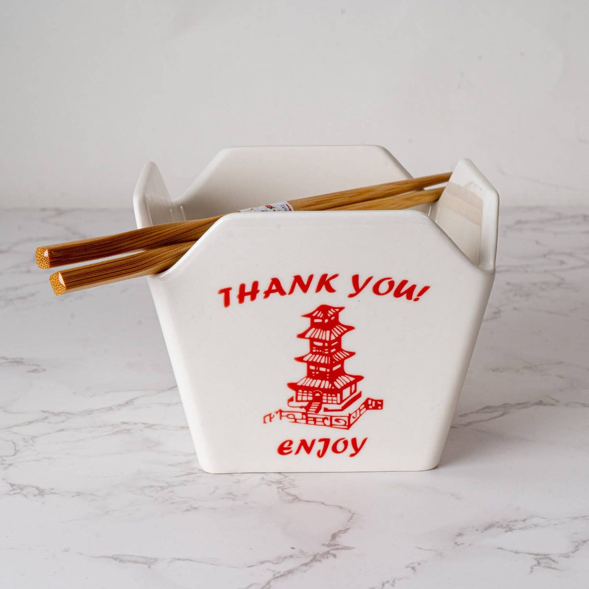 Pagoda Takeout Box Ceramic Serving Bowl with Chopsticks (16 oz)