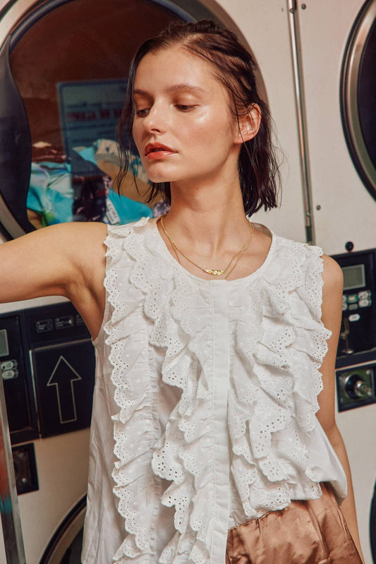 Cotton Lace Button Down Sleeveless Top