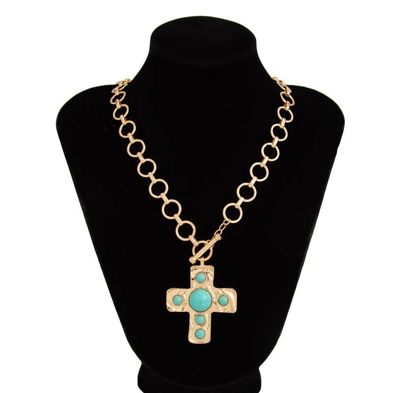 HAMMERED CROSS FRONT TOGGLE NECKLACE GOLD