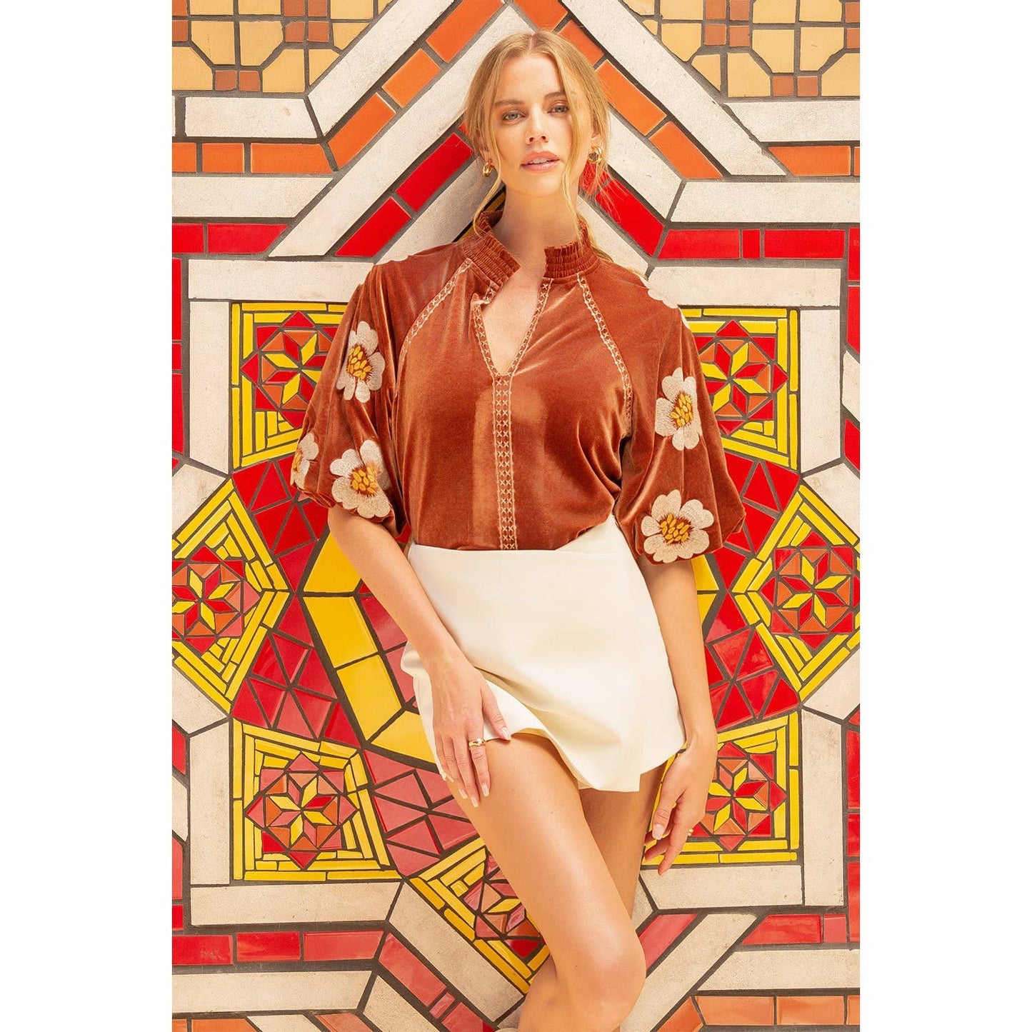 Embroidered Puff Sleeve Velvet Top: RUST