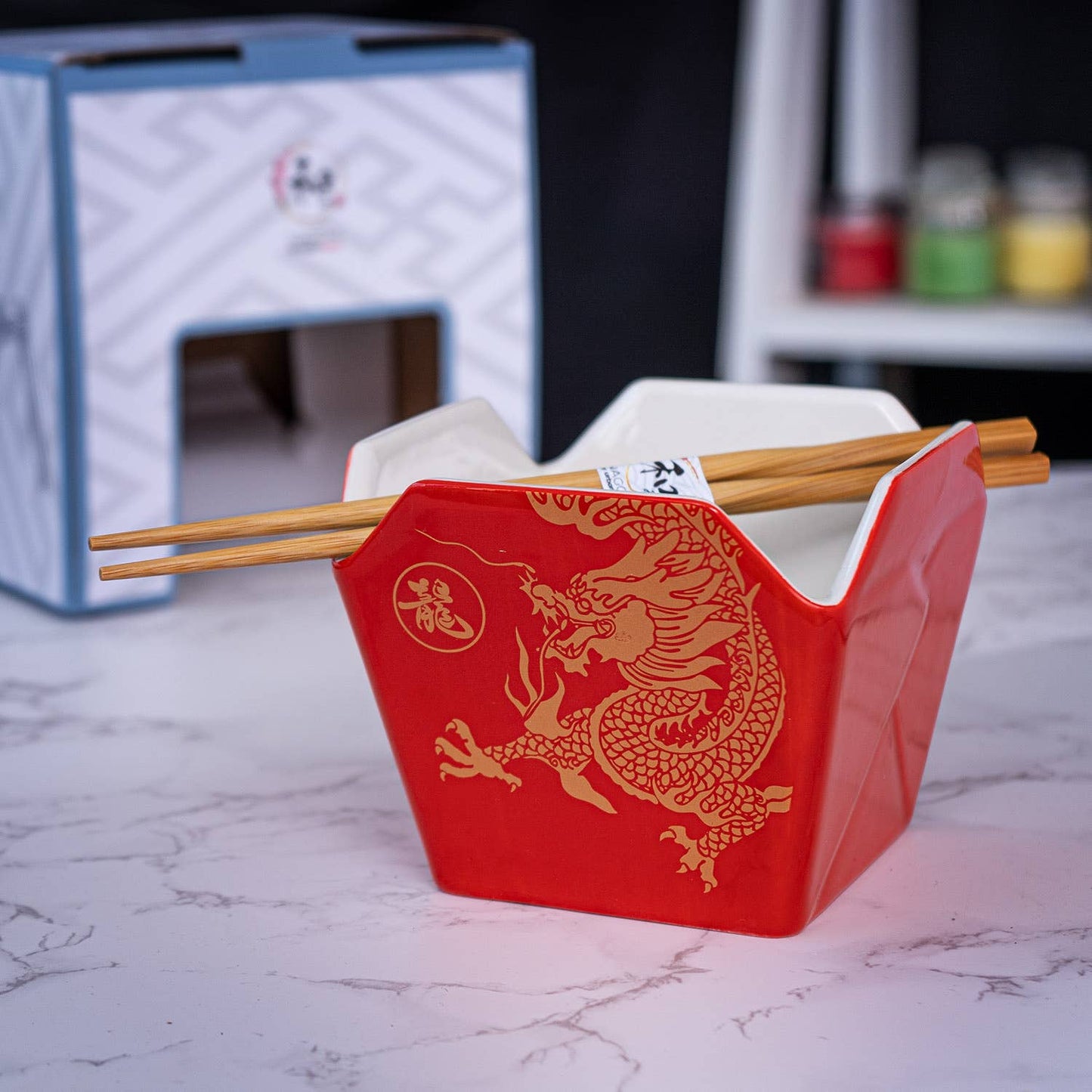 16oz 5"W x 4"H Takeout Box Serving Bowl With Chopsticks Dragon