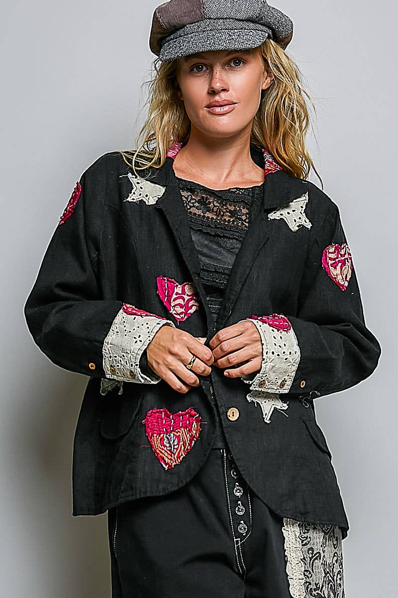 Notched Collar Star & Heart Applique Relaxed Blazer Jacket: Black / S