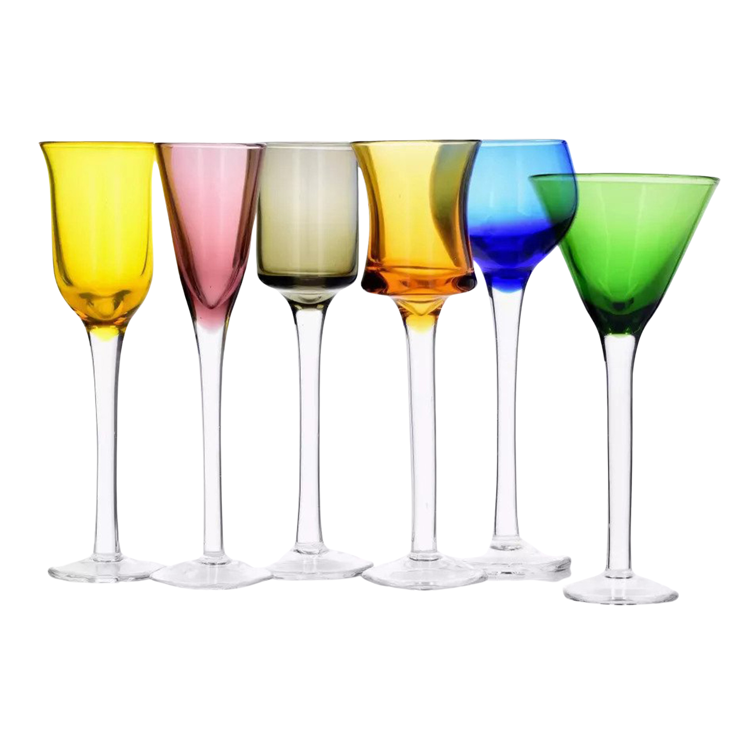 Set of Six Stemmed Colorful Cordial Glasses