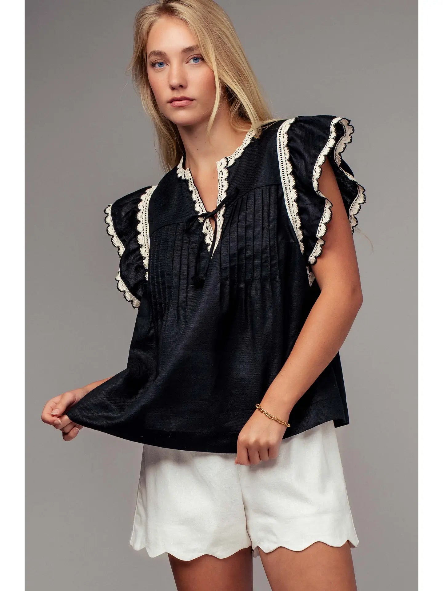 Lace Trim Pintuck Flutter Sleeve Blouse