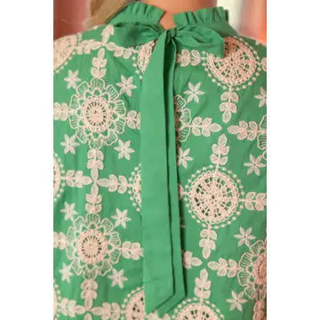 Embroidered Ruffle Sleeve Tie Dress