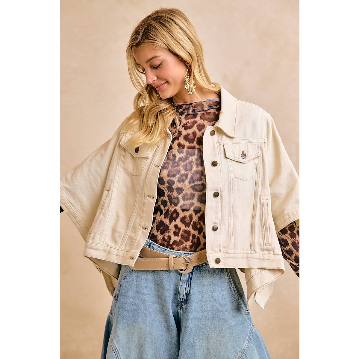 Preorder IVORY OVERSIZED CAPE SLEEVE CROPPED DENIM JACKET: IVORY