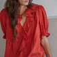 Woven Cotton Ruffle V-Neck Top | Cherry Red
