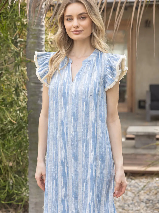 Blue Textured Ruffle Sleeve Dress
