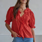 Woven Cotton Ruffle V-Neck Top | Cherry Red
