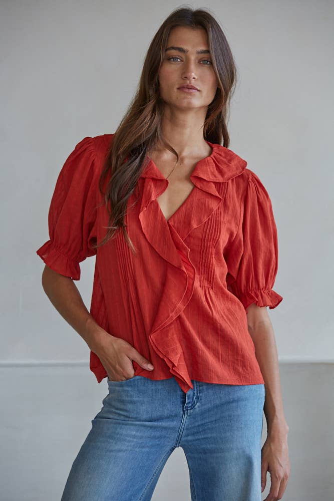 Woven Cotton Ruffle V-Neck Top | Cherry Red