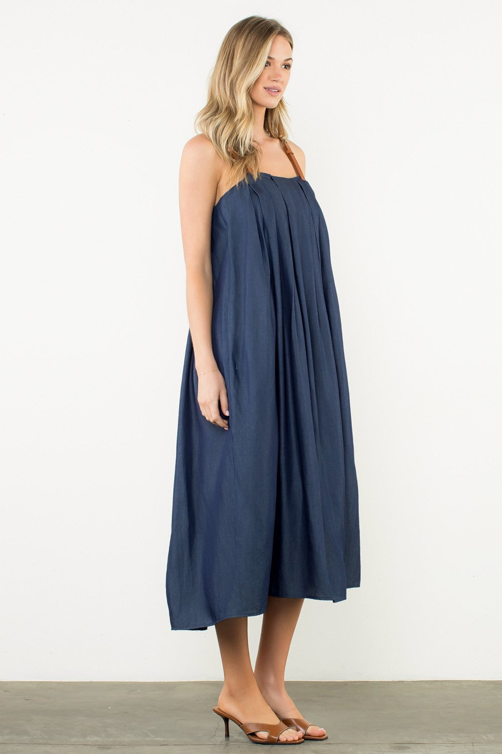 Denim Midi/Faux Leather Straps Dress