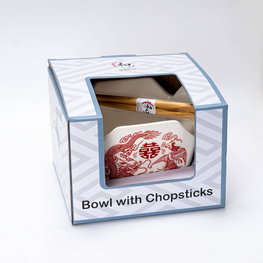Phoenix Takeout Box Ceramic Serving Bowl with Chopsticks (16 oz)