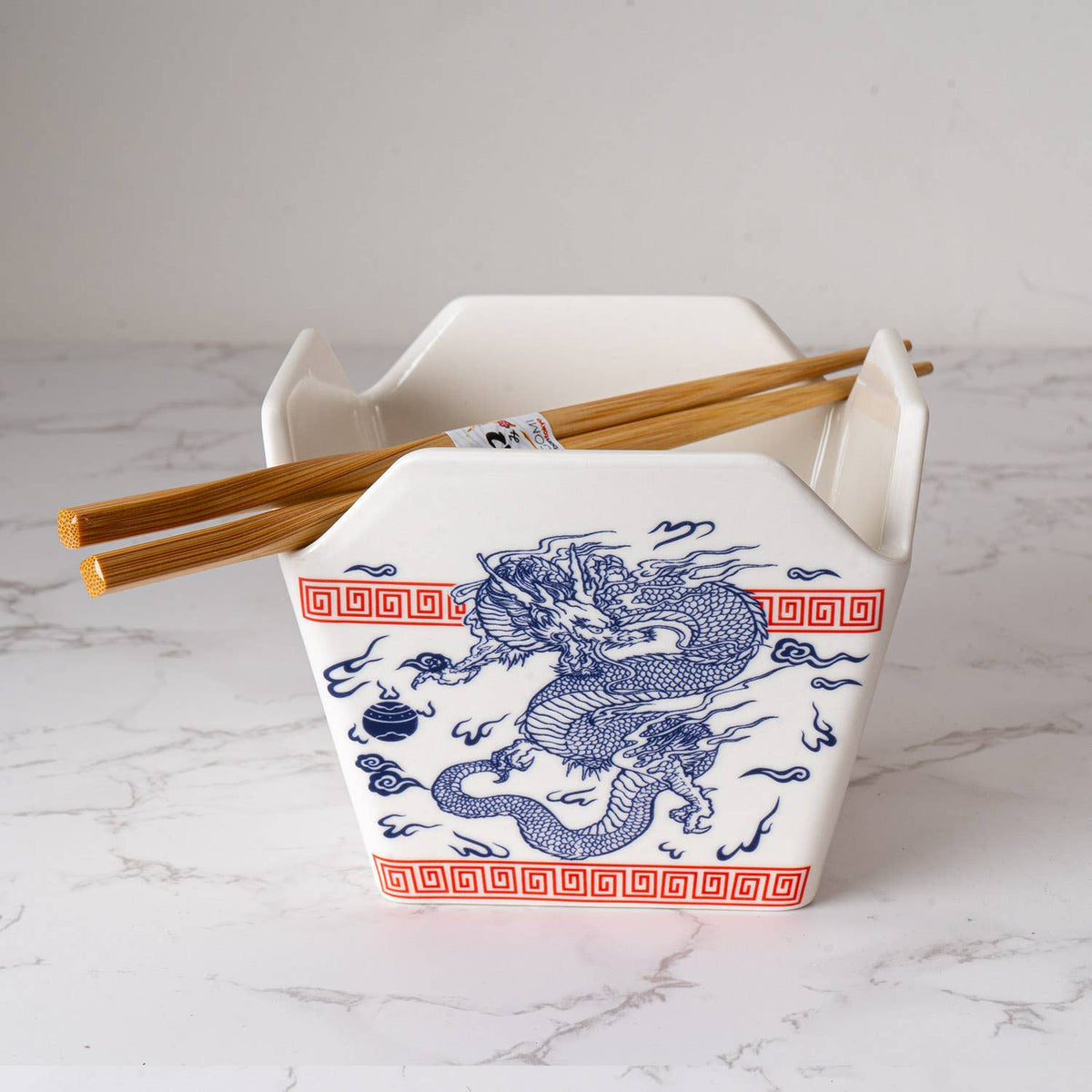 Dragon Takeout Box Ceramic Serving Bowl with Chopsticks (16 oz)