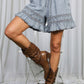 Ladder Trim Ruffle Chambray Denim Shorts Washed Denim
