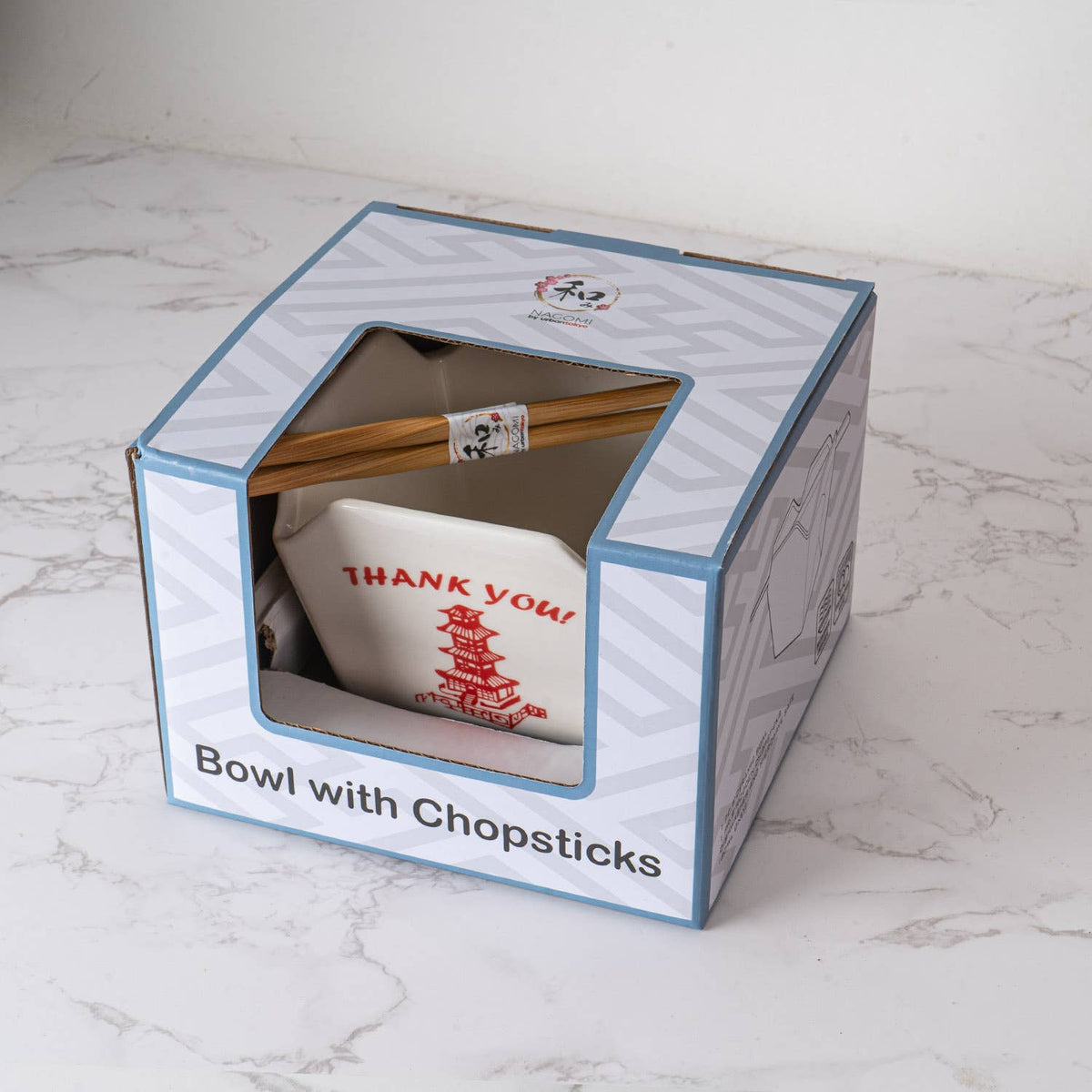 Pagoda Takeout Box Ceramic Serving Bowl with Chopsticks (16 oz)