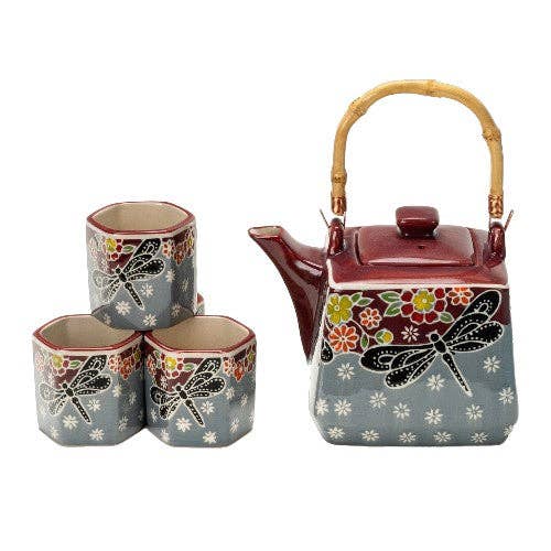 Dragonfly Tombo Design Tea Set 20oz Tea Pot with 4 Hexagon Cups (4/8)