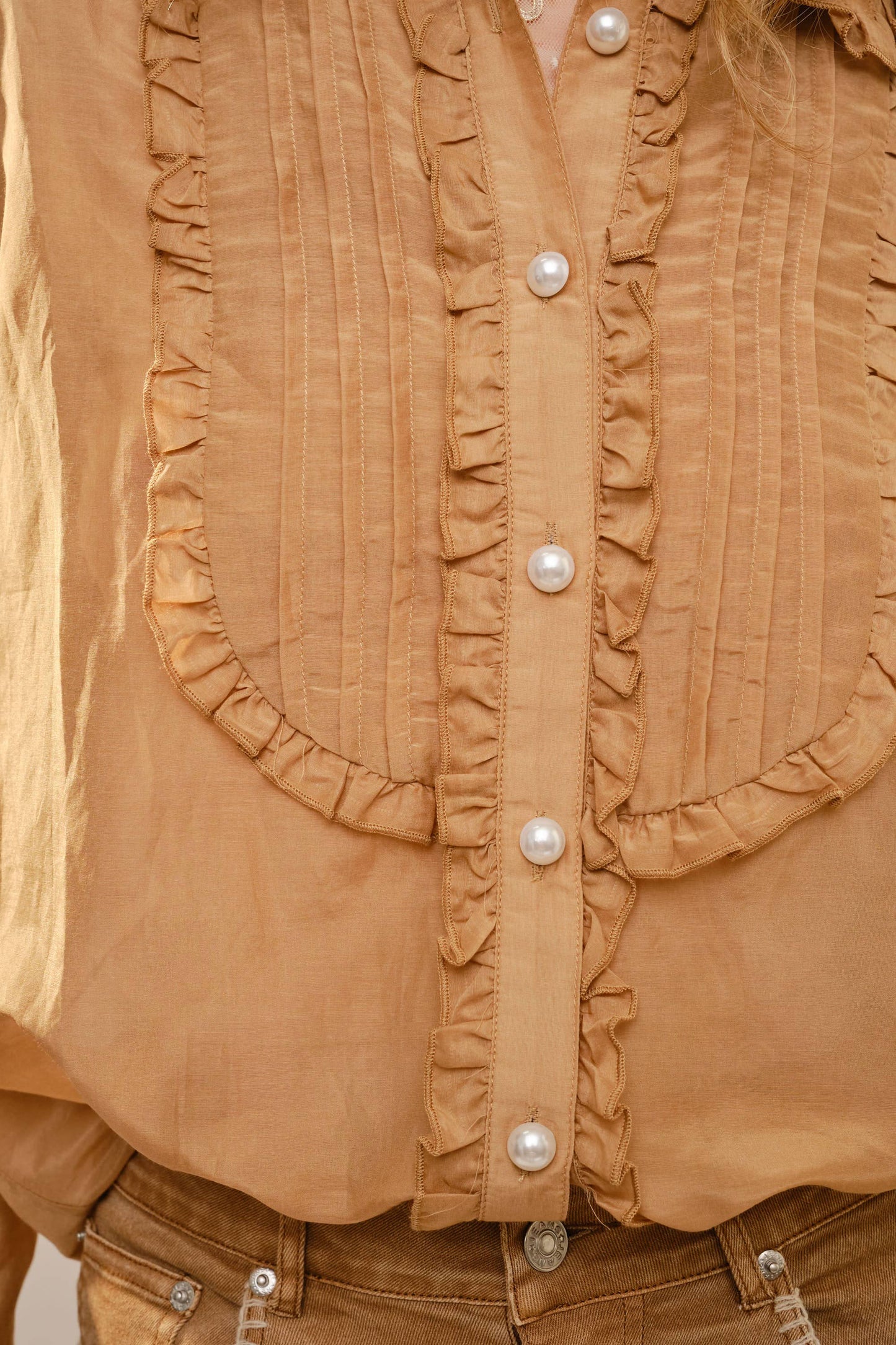 Ruffle Pleated Pearl Button Blouse