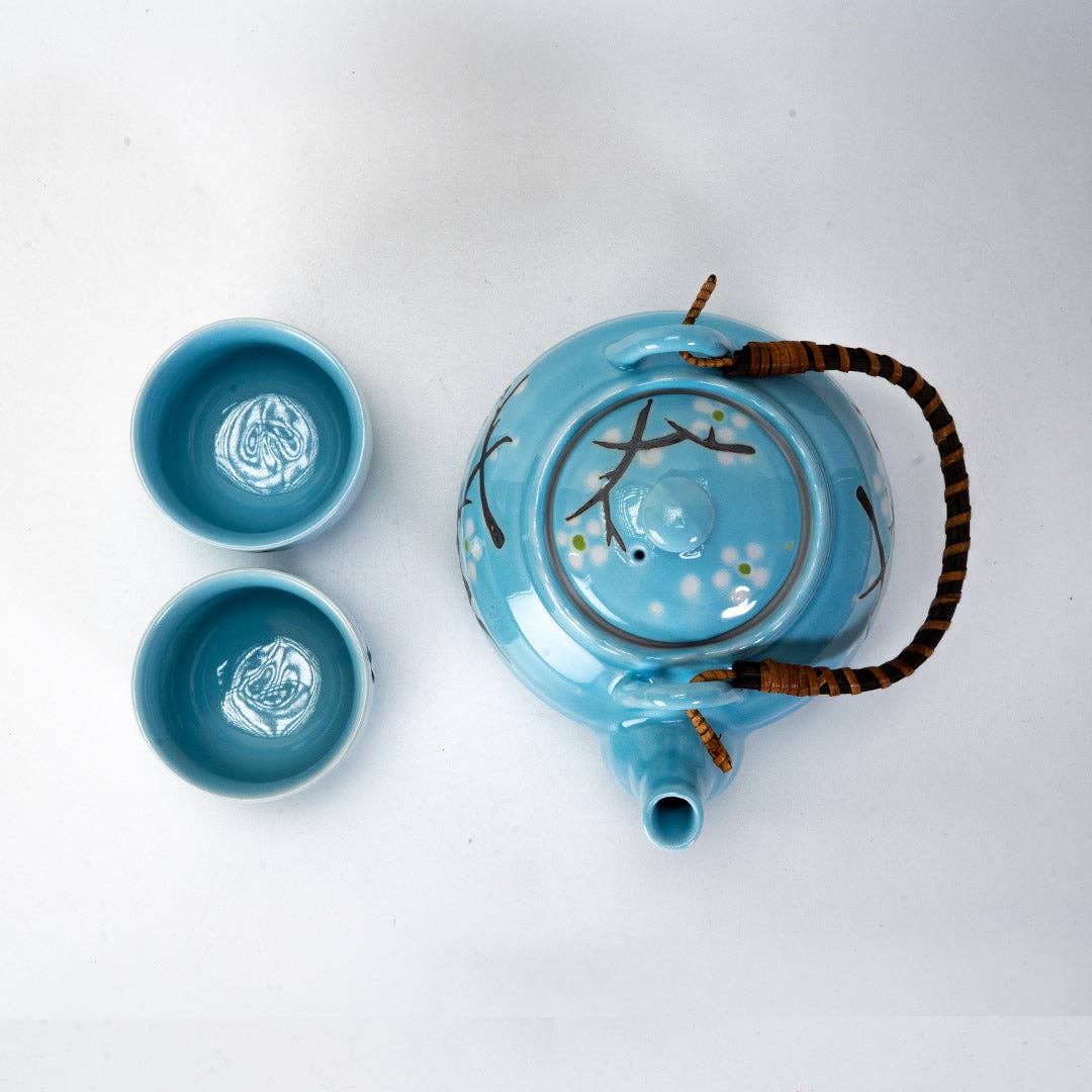 Blue Sakura Cherry Blossoms Tea Set 22oz Tea Pot with 2 Cups (1/12