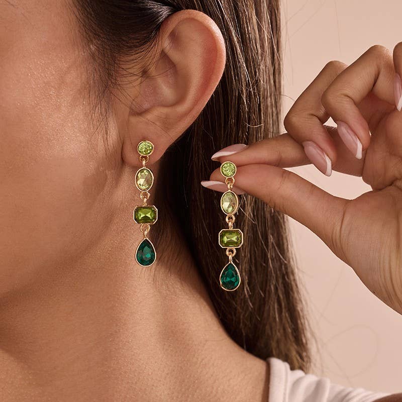 4 Tier Drop Layer Rhinestone Earrings EMERALD