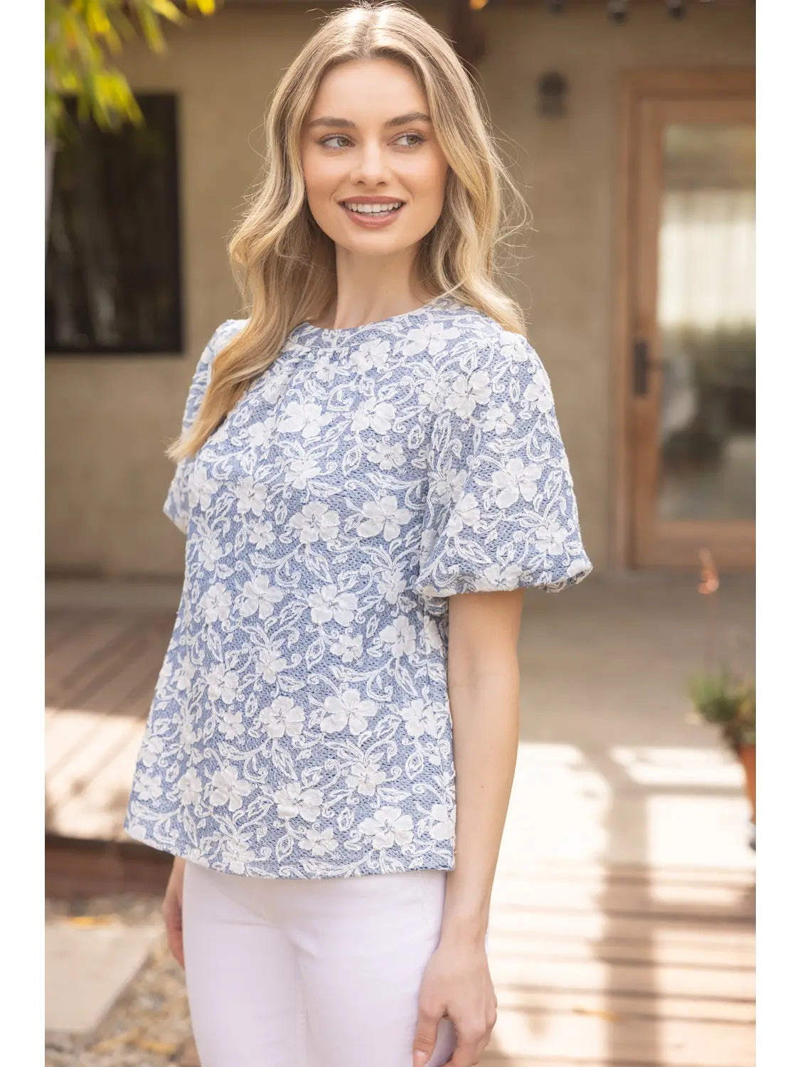 Bubble Short Sleeve Floral Textured Top