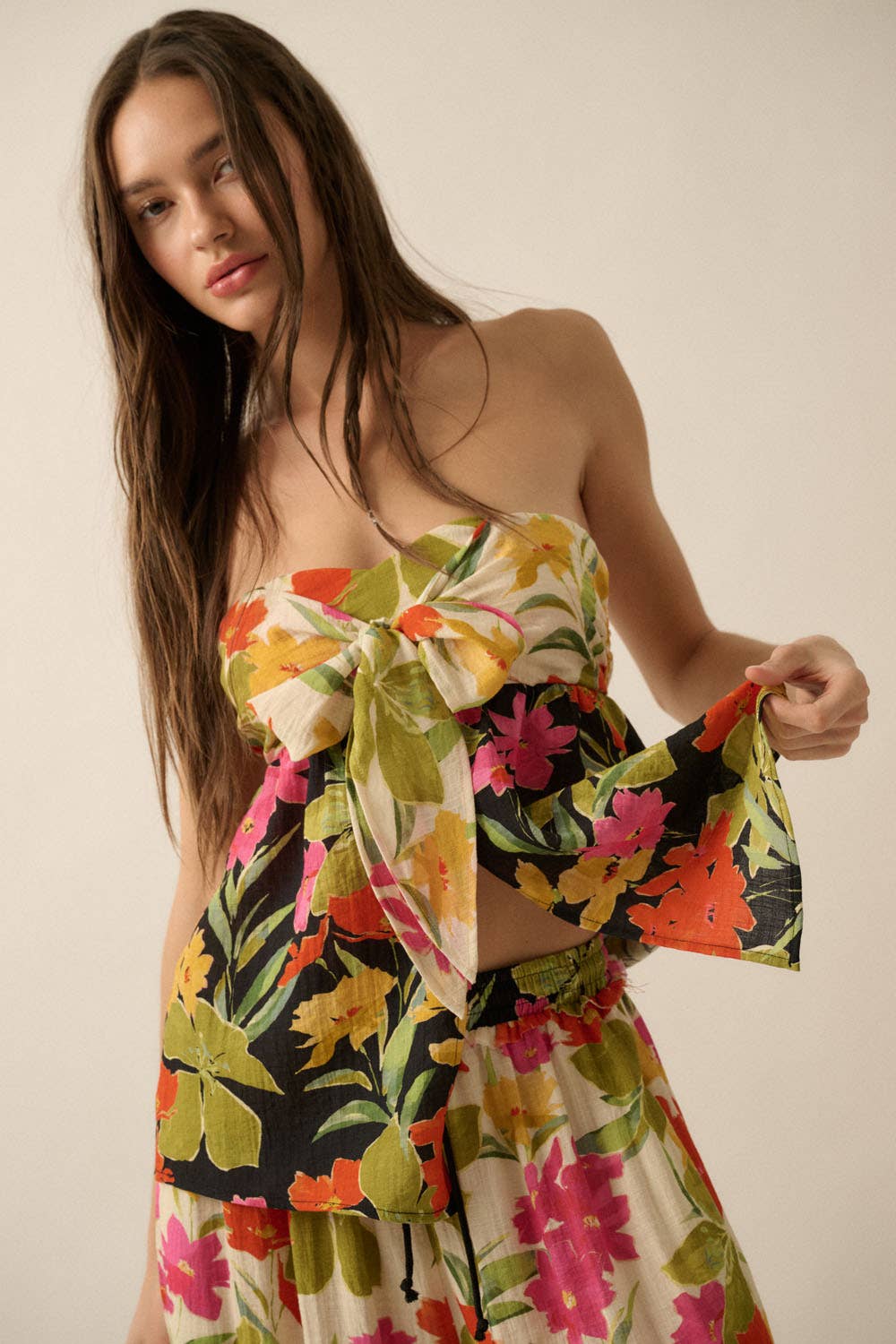 Two-Tone Floral Convertible Flyaway Halter Top
