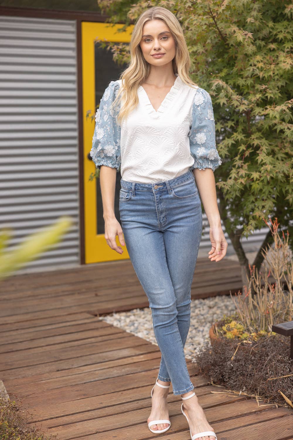 3-D Floral Contrast Sleeve Texture Top