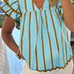 Sky Blue Double Ruffled Short Sleeve V Neck Blouse