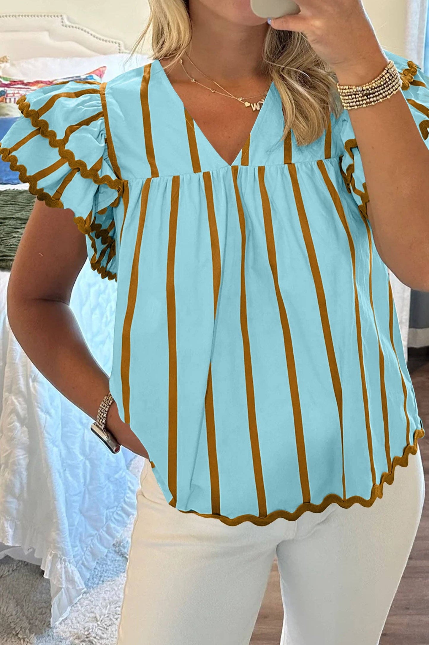 Sky Blue Double Ruffled Short Sleeve V Neck Blouse