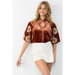Embroidered Puff Sleeve Velvet Top: RUST