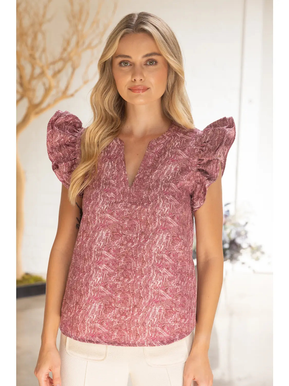 Ruffled Cap Sleeve Jacquard Top