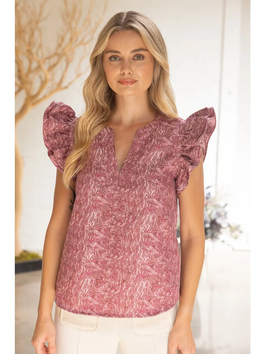 Ruffled Cap Sleeve Jacquard Top