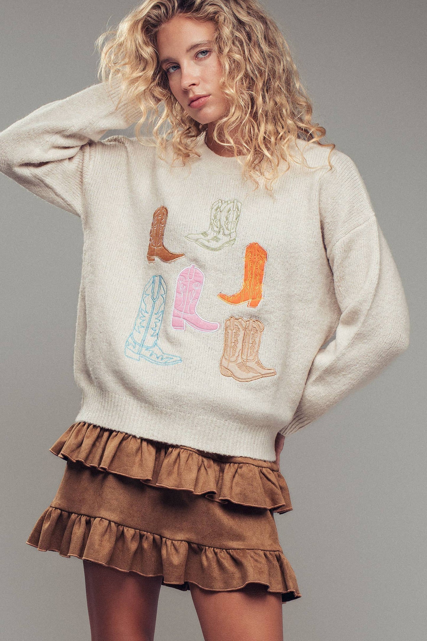 Western Embroidered Cowboy Boot Sweater