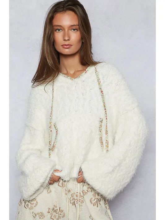 Powder Cream V neck Hoodie