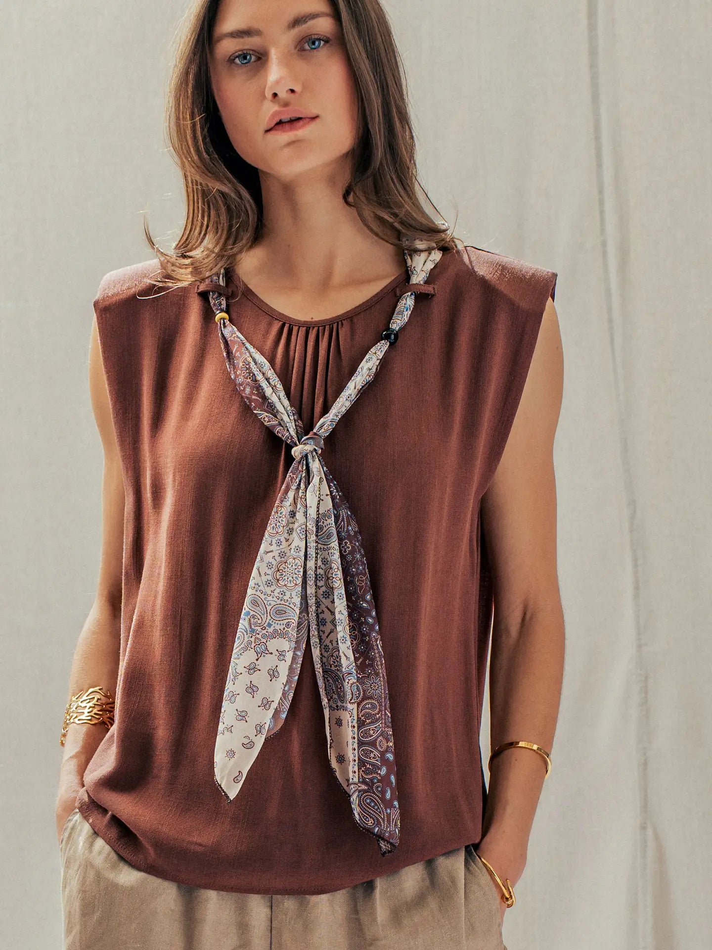 Paisley Scarf Tie Linen Blend Muscle Top