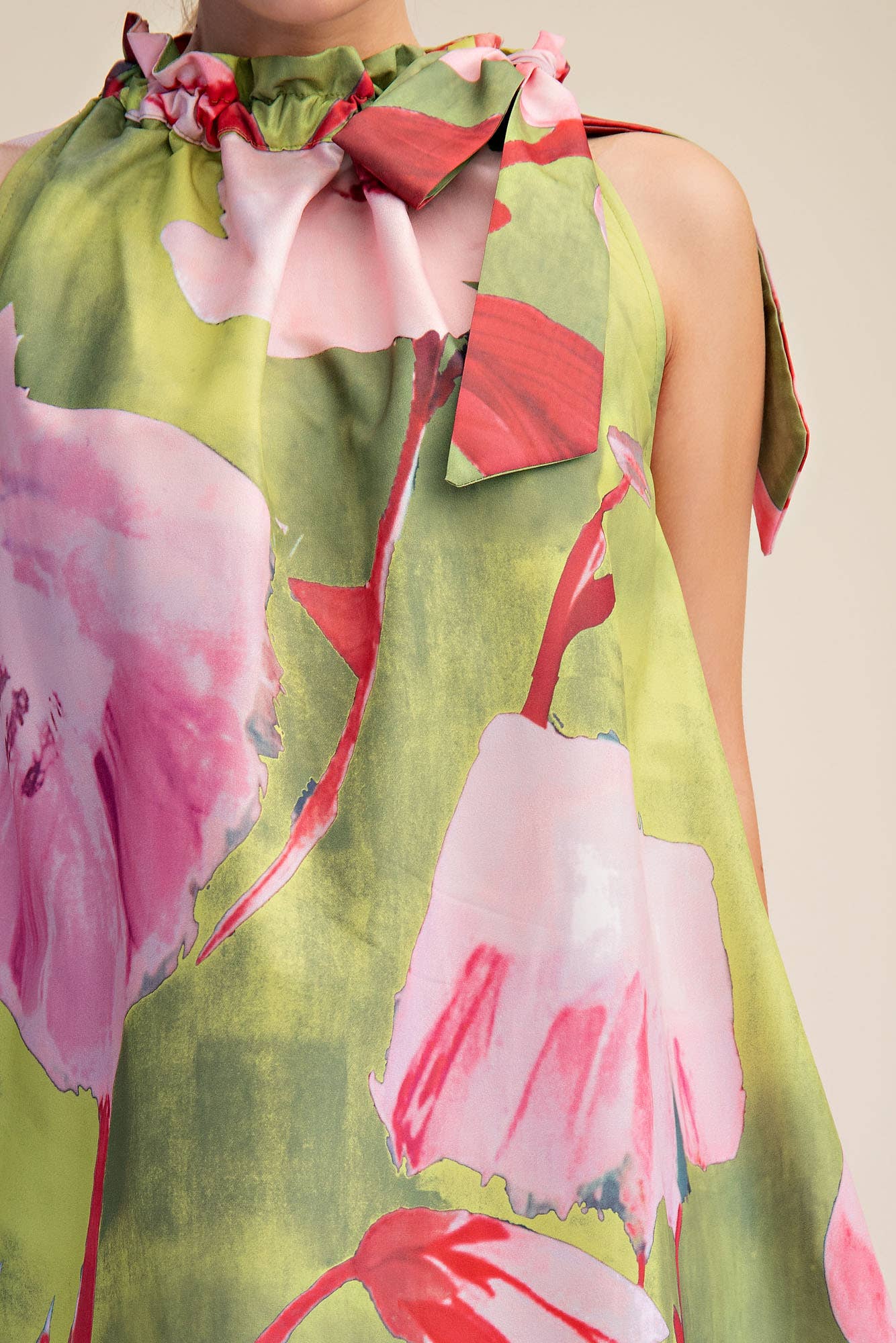 Mini Dress Ruffle Neck Tie Sleeveless Floral Print-Lime