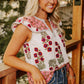 White Floral Print Contrast Striped Trim Flutter Cotton Blouse