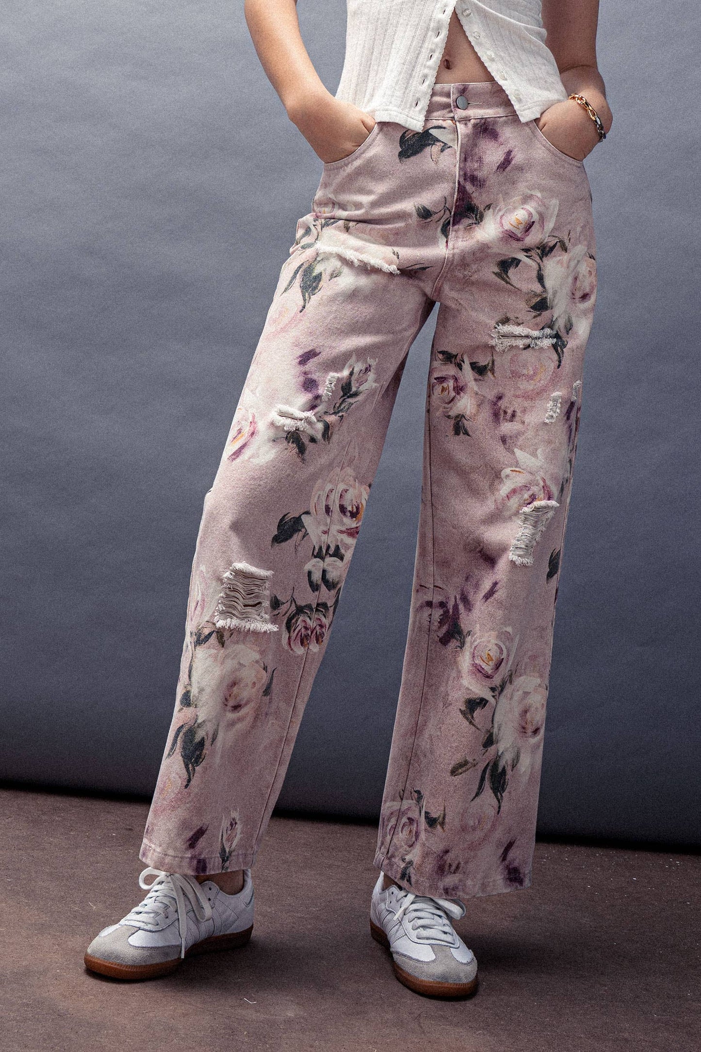 Rose Print High-Rise Denim Pants