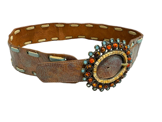 Gemstone & Brown Leather Belt