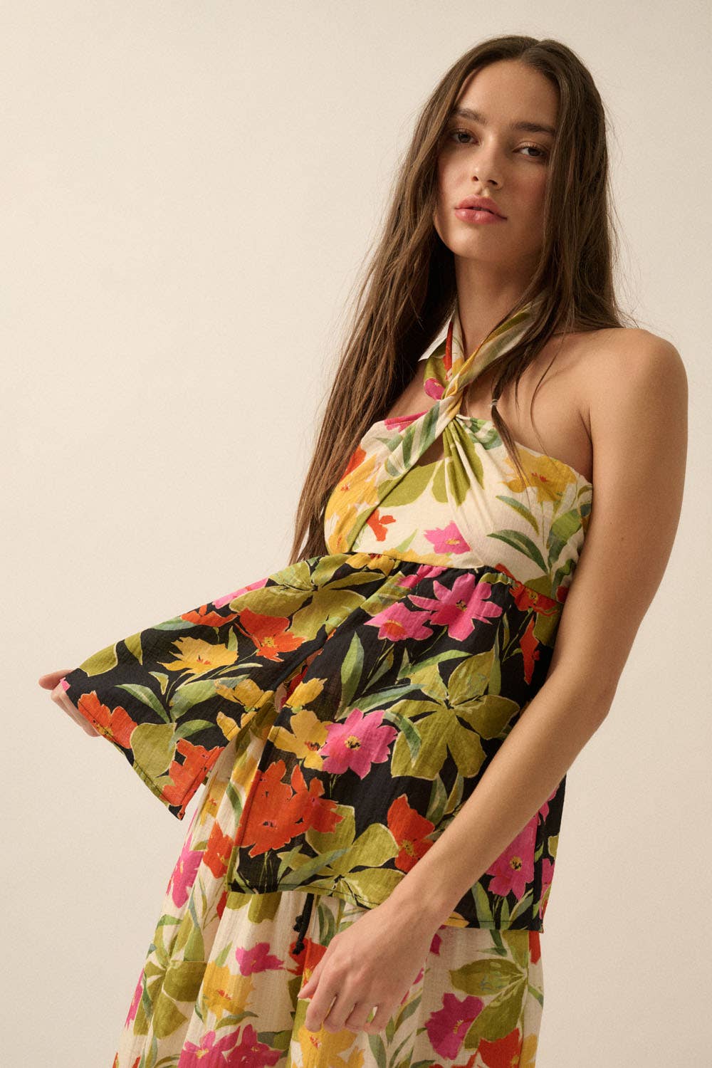 Two-Tone Floral Convertible Flyaway Halter Top