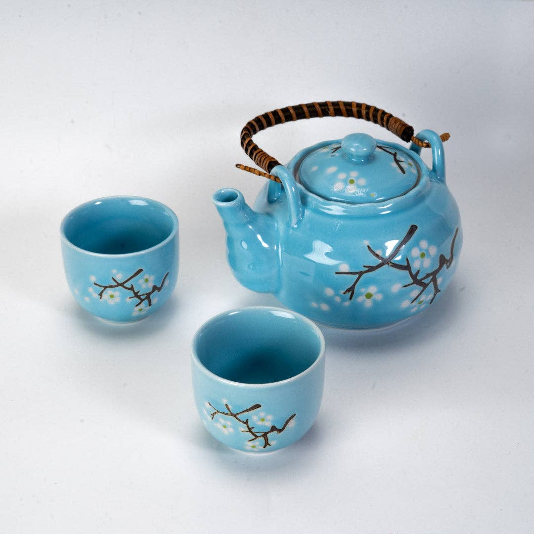 Blue Sakura Cherry Blossoms Tea Set 22oz Tea Pot with 2 Cups (1/12)
