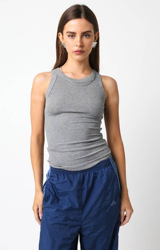 Ribbed  Scoop Neck Tank Lt H Grey