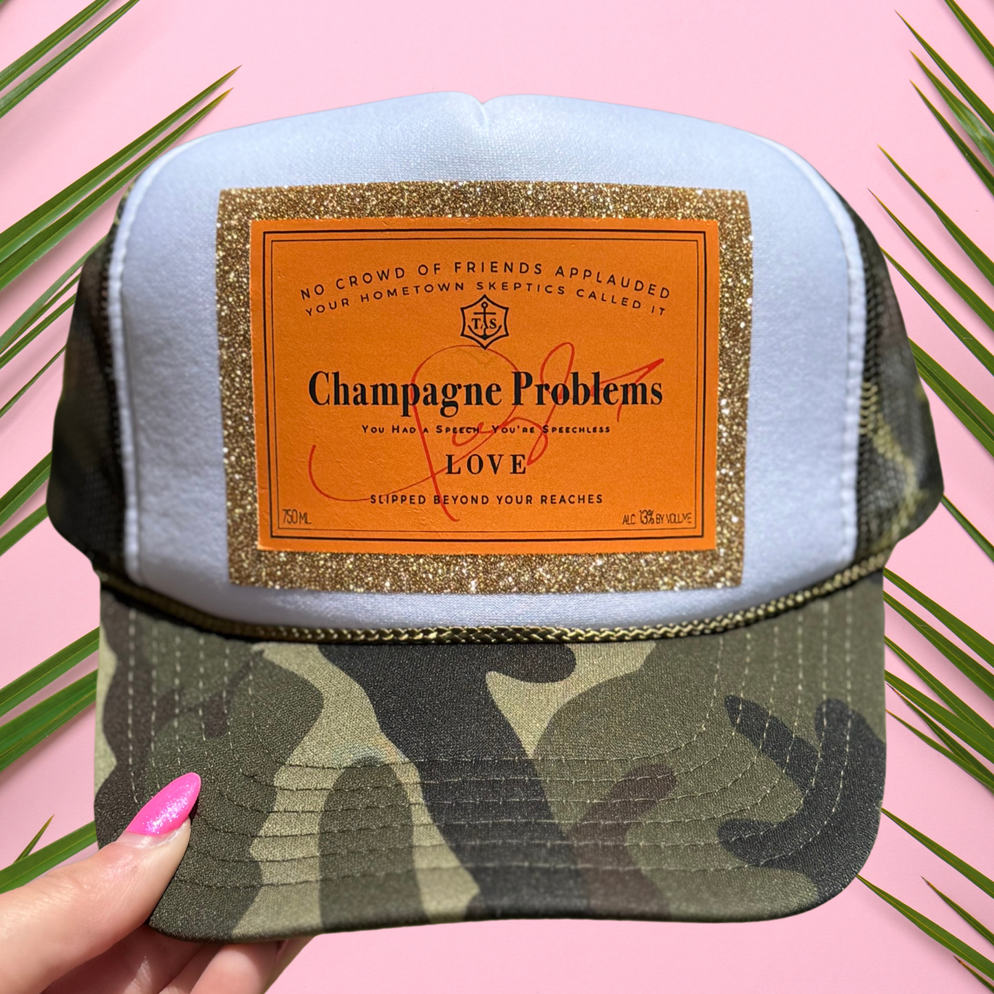 "Champagne Problems" Camo Glitter Trucker Hat : White