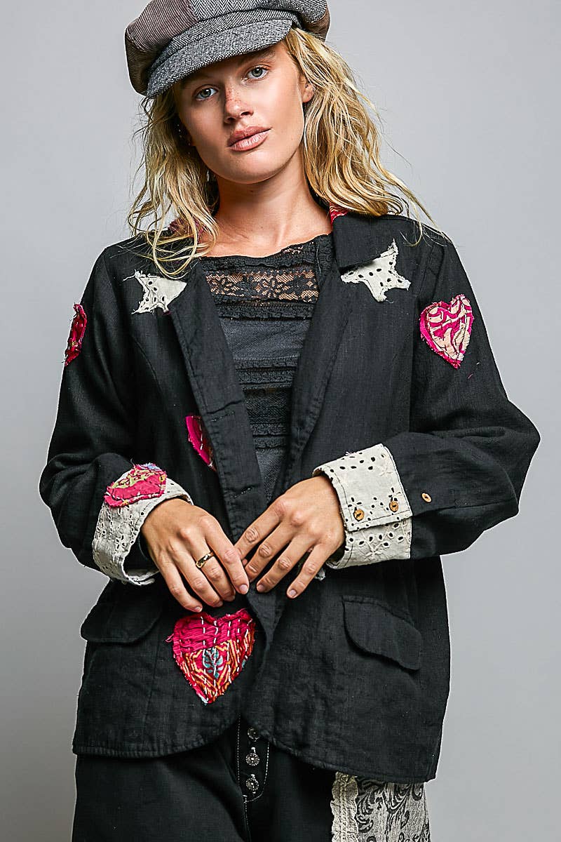 Notched Collar Star & Heart Applique Relaxed Blazer Jacket: Black / S