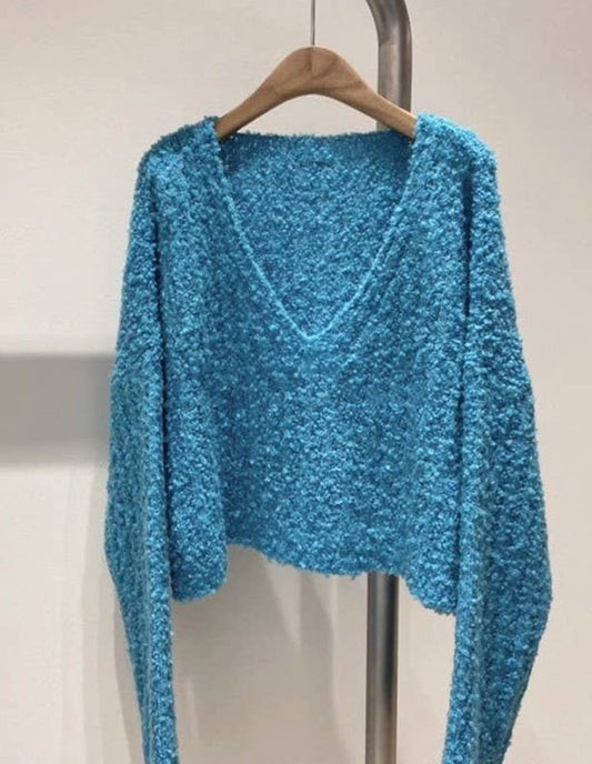 V neck crop sweater: Blue / L