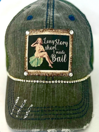 "LONG STORY SHORT I MADE BAIL" DISTRESSED TRUCKER HAT(#246): NO BLING/  BLACK/ KHAKI