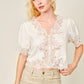 Lace Trim Puff Sleeve Button Blouse: BLACK