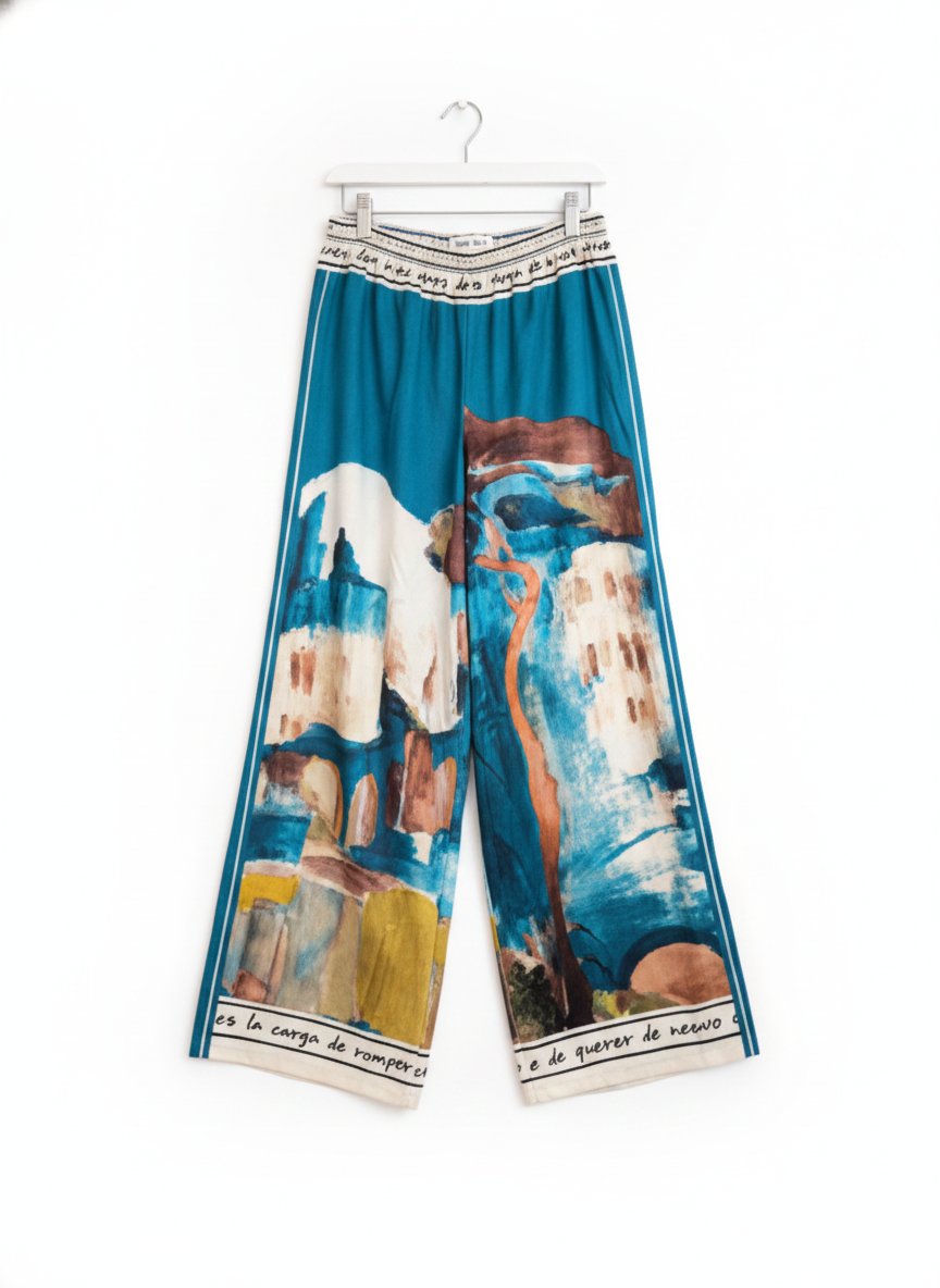 Italian Silk Wide Leg Pants – TEAL -  Watercolour Print, Made in Italy